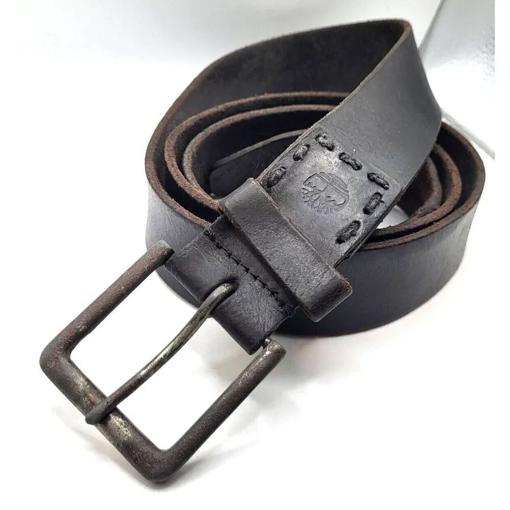 Timberland Mens Black Thick Full Grain Leather Embossed Logo Belt Used 46 -51in